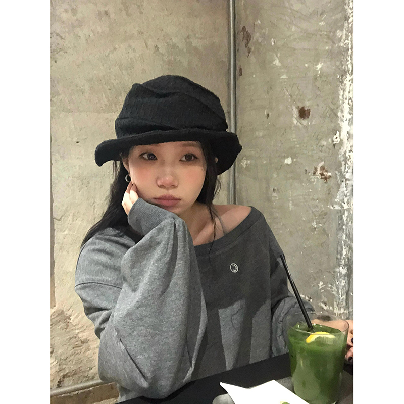 [Original Quality] American High Street Hot Girl Retro Dark Gray Sloped Shoulder Sweatshirt Women's Autumn Design Versatile Top