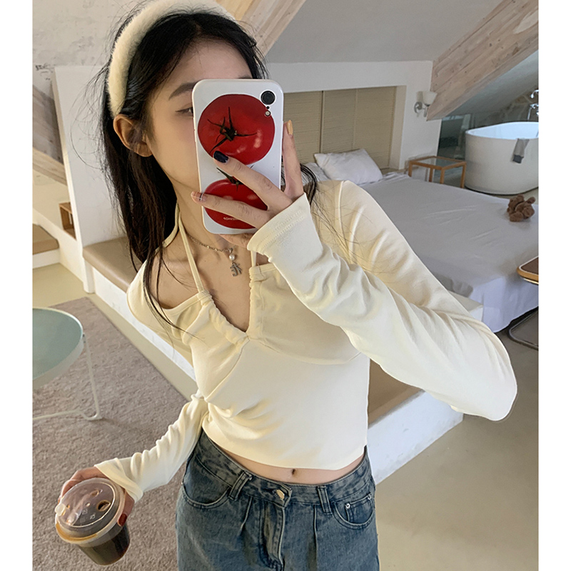 [Importance drainage welfare model] Pure desire V-neck strap halterneck long-sleeved T-shirt women's short slim-fitting temperament bottoming top