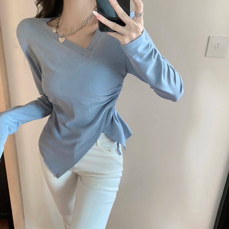 Pure Desire Hot Girl Irregular Drawstring Long Sleeve T-Shirt Women's Design Niche Slim Bottoming Shirt with Chic Top