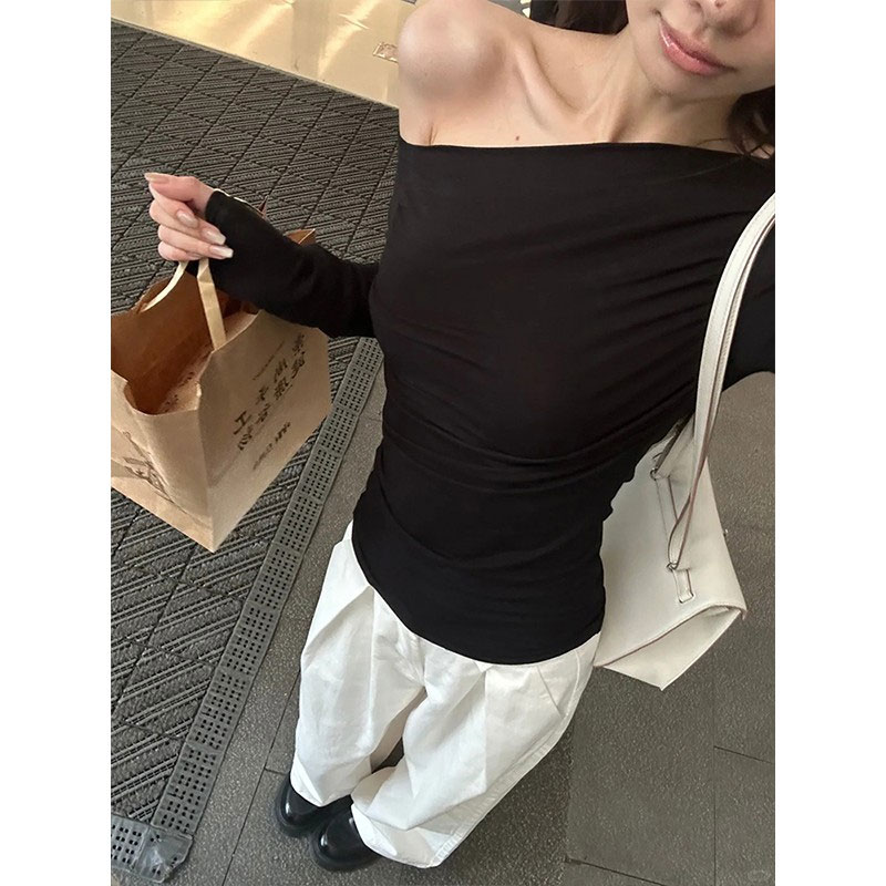 [Original quality] Pure desire hottie slimming off-shoulder long-sleeved top women's early autumn niche versatile bottoming shirt