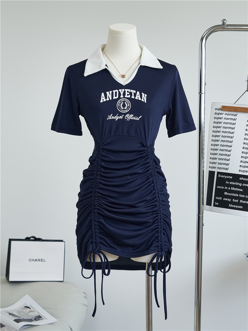 [Real shot] College drawstring pleated knitted dress women's new original quality POLO collar American style