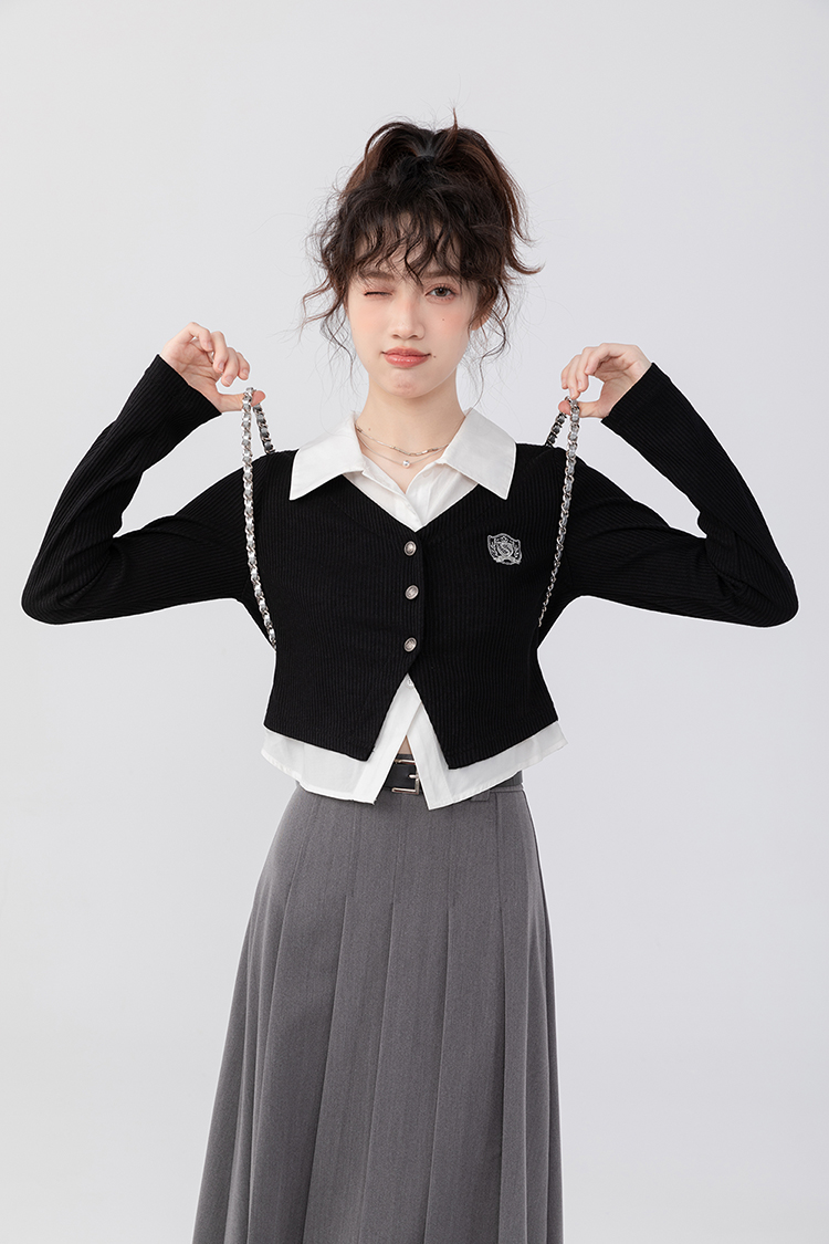 [Original method] [Original breast mark prominent] Long-sleeved shirt for women in autumn college style fake two-piece short top