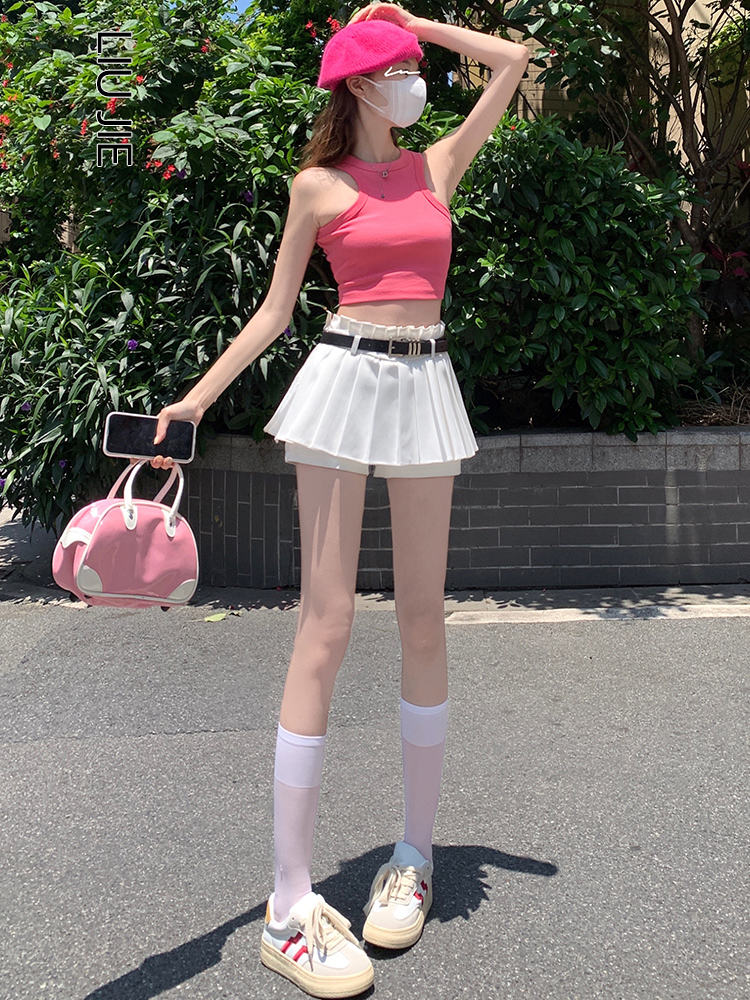 Sweet and spicy white high-waisted pleated skirt, short skirt and culottes for women, spring and summer new style, versatile and slimming A-line skirt for small people