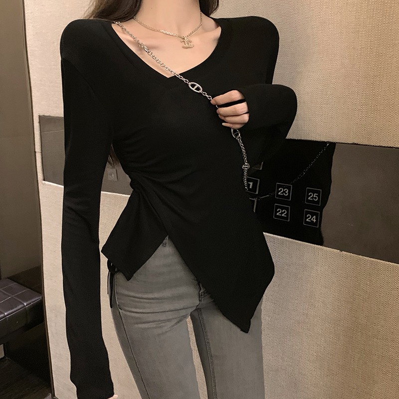 Pure Desire Hot Girl Irregular Drawstring Long Sleeve T-Shirt Women's Design Niche Slim Bottoming Shirt with Chic Top