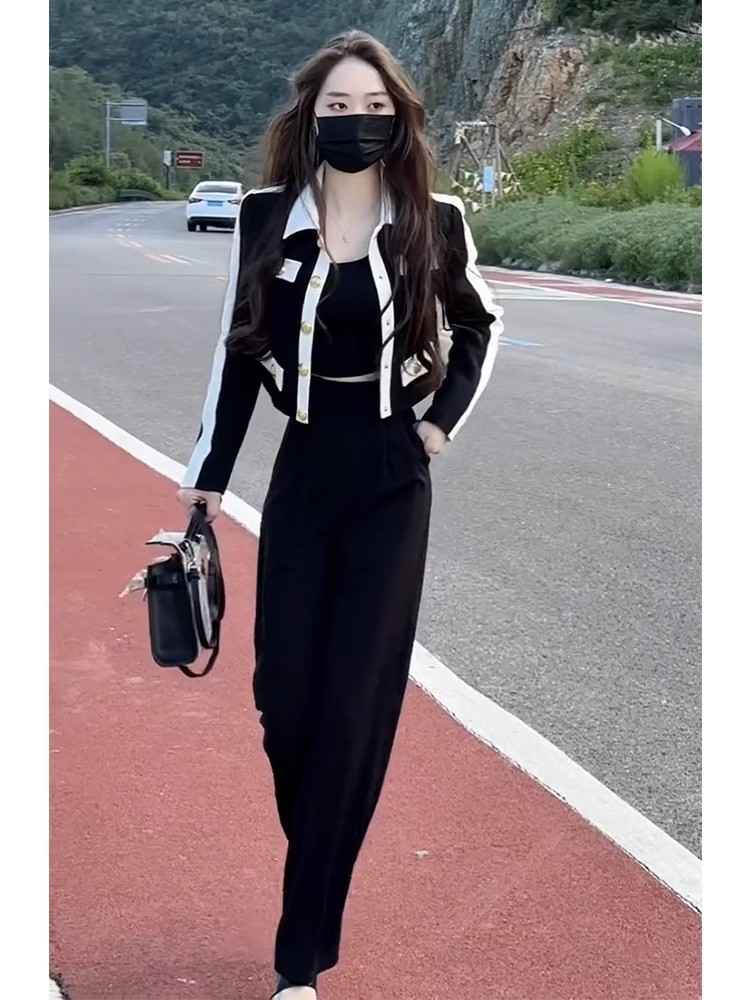 European Autumn Outfits: Socialite Women's Clothes, High-end Small Fragrance Style Suit Pants, Smart Temperament and High-end Black Jacket