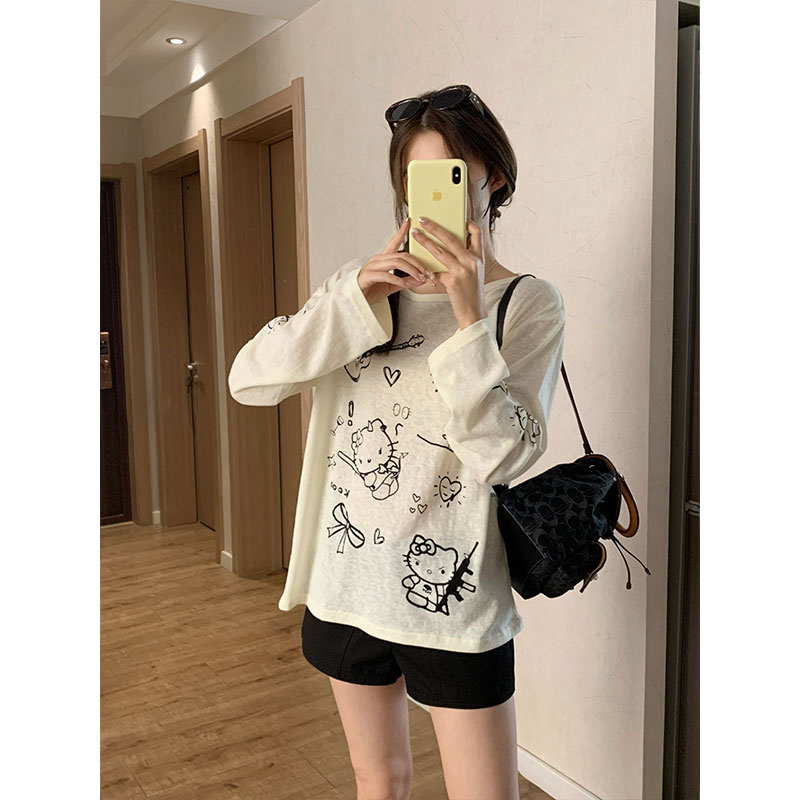 Morning collar [original fabric] slanted shoulder early autumn lazy cartoon print thin long-sleeved T-shirt women's loose top