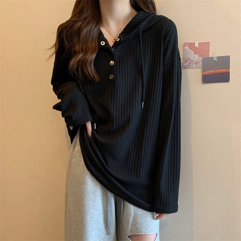 [2 Colors] Plus-size women's belly-covering, lazy-style loose knitted top for autumn and winter slimming hooded long-sleeved bottoming shirt