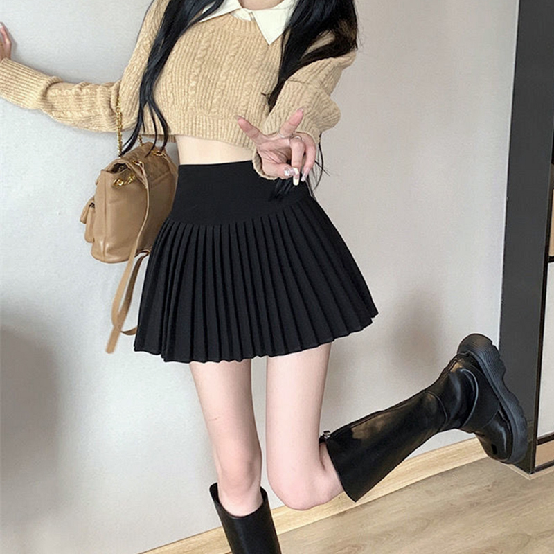 [Good quality] pleated skirt for all seasons white anti-exposure petite skirt women's hot girl A-line short skirt jk