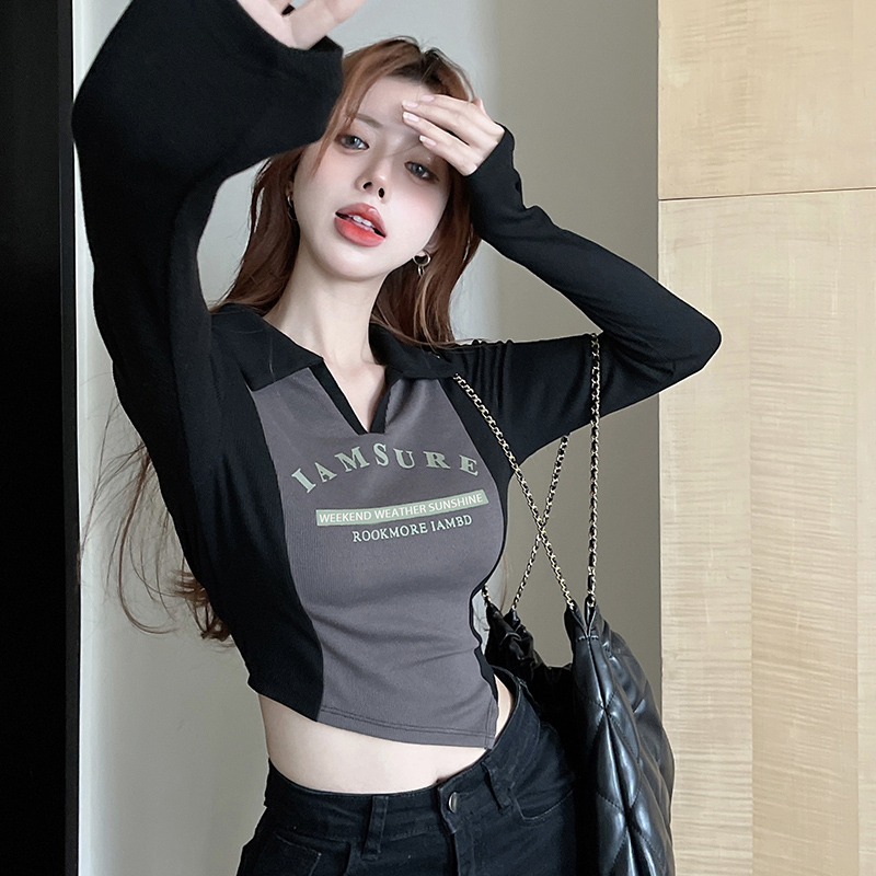 Contrast color polo neck slim long-sleeved t-shirt for women in spring and autumn, pure lust hottie sexy v-neck top, chic chic bottoming shirt