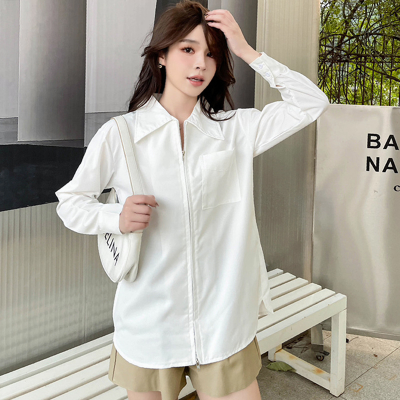 [Real shot] [2 colors] French retro design zipper white POLO collar long-sleeved shirt for women with niche and loose temperament