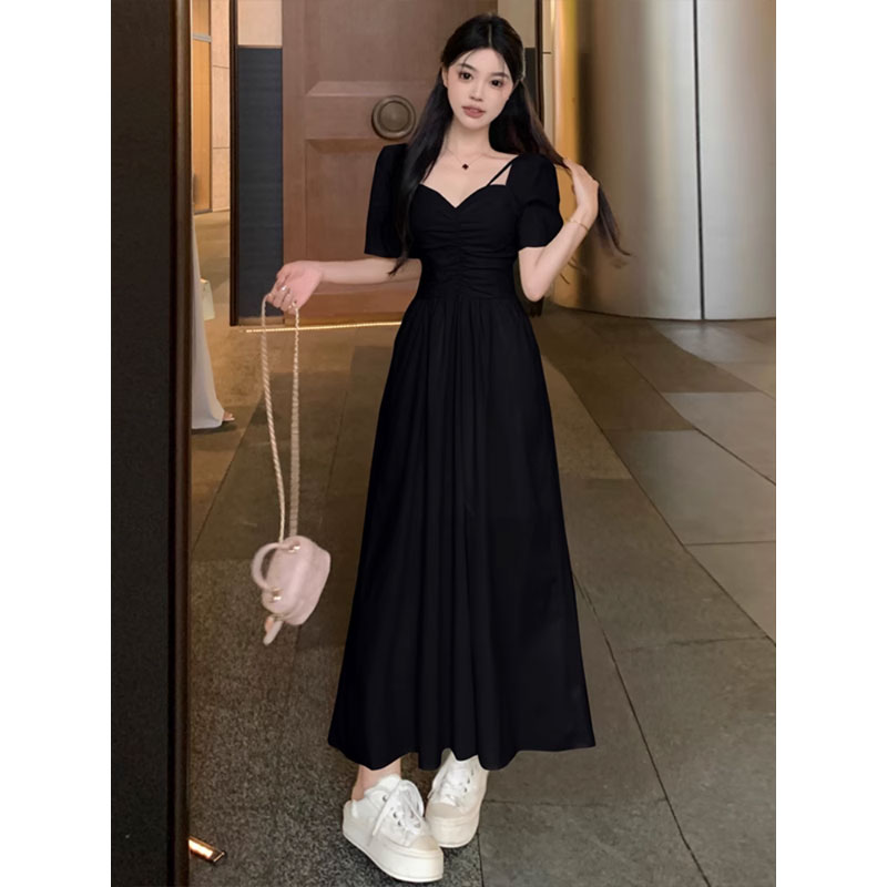 [Good fabric] Light and mature style short-sleeved dress for women with summer slimming and pure desire French V-neck waist long dress