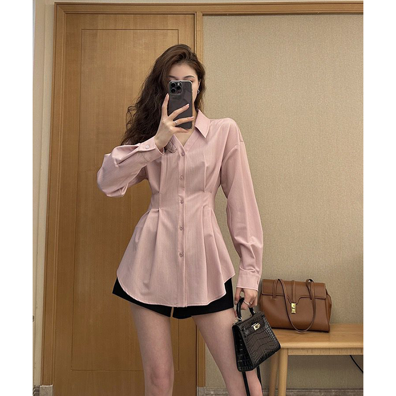 [3 Colors] [High Quality] Designed French Style Long Sleeve Shirt Women's Large Size Slim Waist Lapel Top