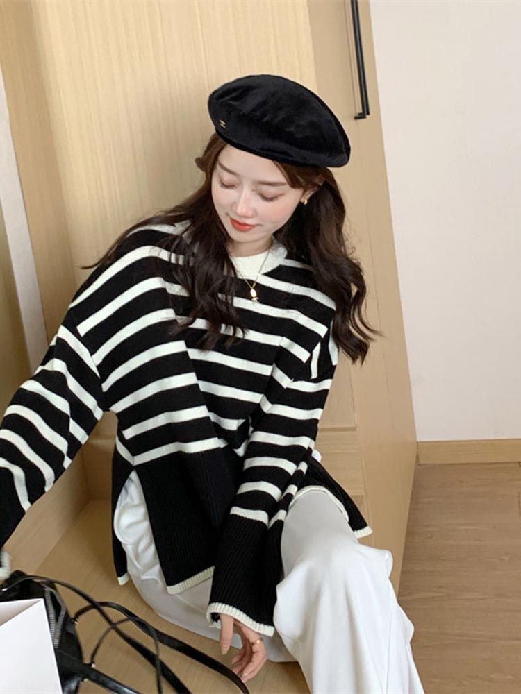 [Quality] Autumn and winter Korean retro striped sweater women's sweater loose slimming long-sleeved top