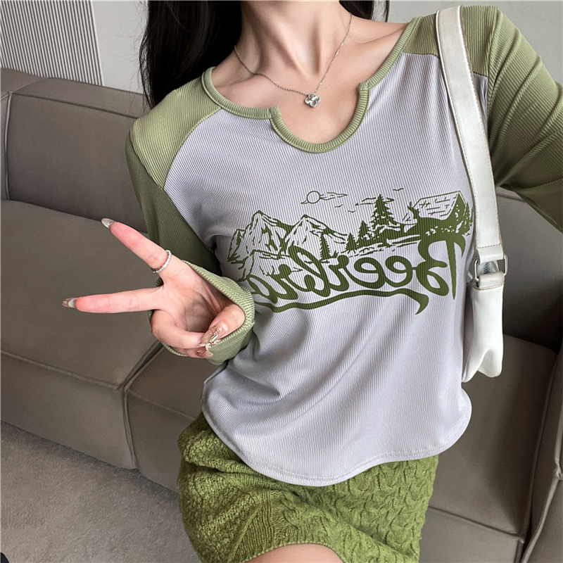 [Real shot] Contrast color right shoulder long-sleeved T-shirt for women, autumn and winter letter printed inner short top