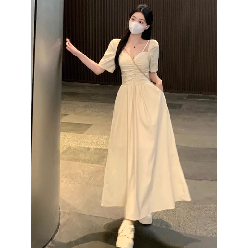 [Good fabric] Light and mature style short-sleeved dress for women with summer slimming and pure desire French V-neck waist long dress