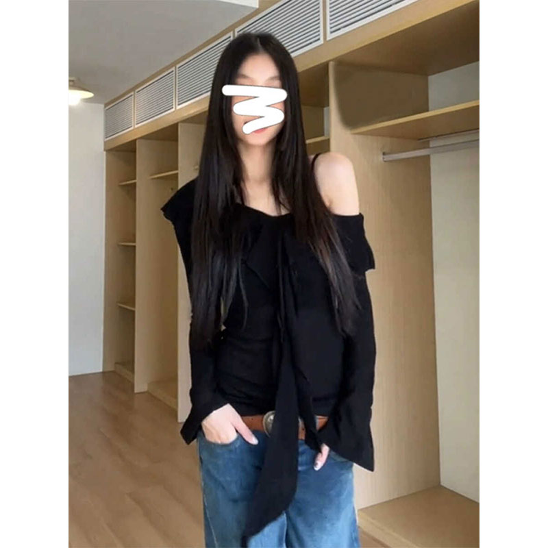 Morning collar [impulse style] Designed ruffled one-shoulder T-shirt for women in early autumn Korean style slim hottie off-shoulder top