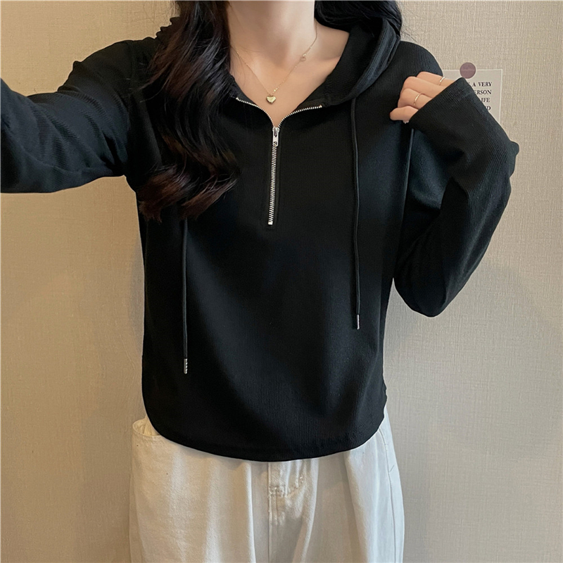 [Real shot] [3 colors] Spring and Autumn hooded outer T-shirt for women with fat pear-shaped hotties, western style niche zipper long-sleeved tops