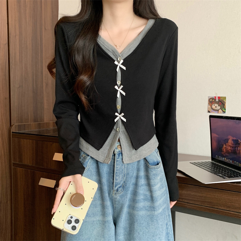 Morning collar [original fabric feels authentic] fake two-piece spliced ​​V-neck long-sleeved T-shirt early autumn slimming short top