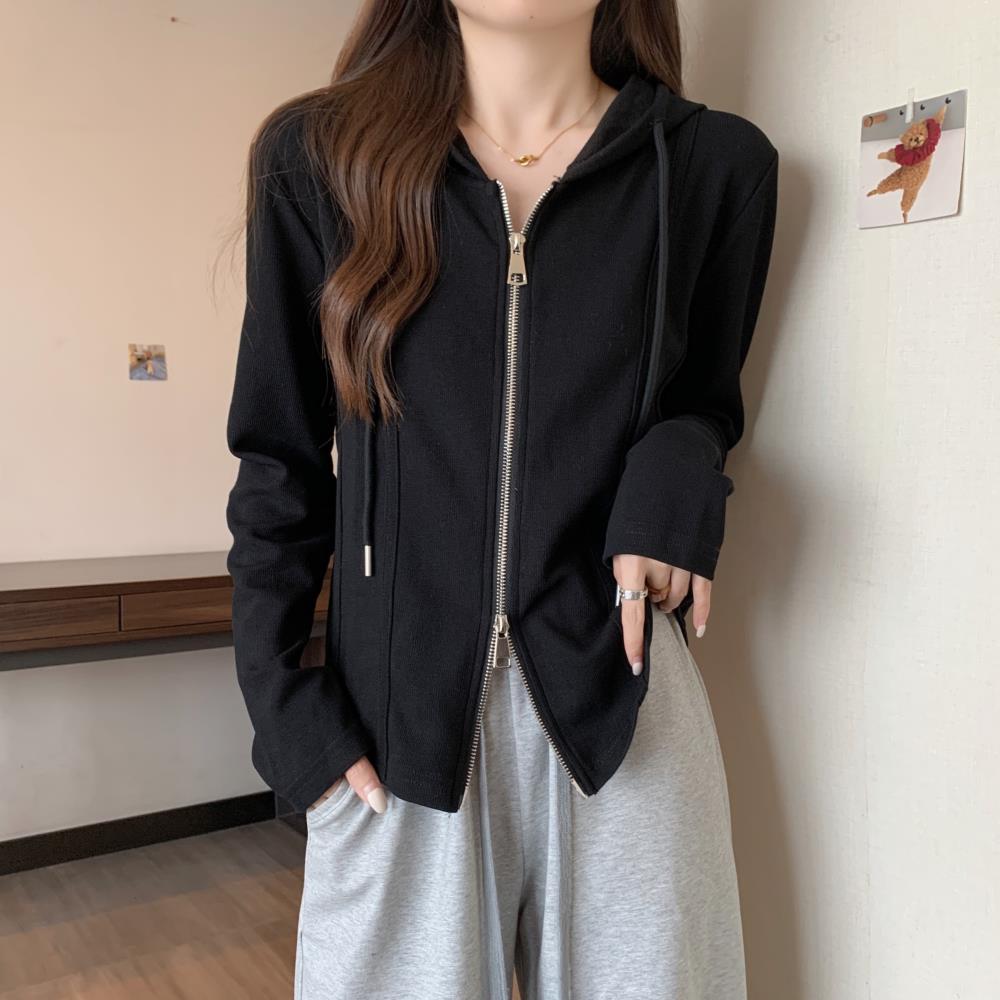 Hooded zipper sweatshirt jacket for women in autumn plus size fat mm slimming design niche inner layering fishbone top