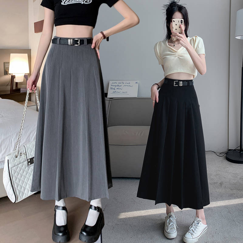 [Original fabric] Small mid-length pleated skirt for women in summer and autumn, high waist, slimming and drapey A-line long skirt