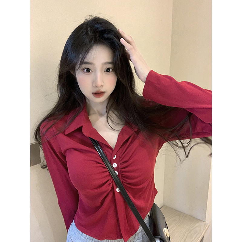 Spring and Autumn New Pure Desire Hot Girl Style Pleated Fashion Niche Versatile Skin Friendly Stretch V-Neck Short Long Sleeve Shirt for Women