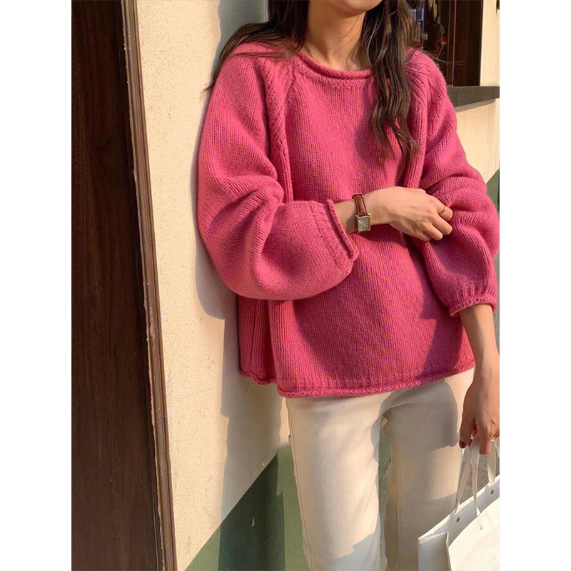 French style yellow knitted sweater pullover gentle new style women's autumn thick stick needle loose lazy style top