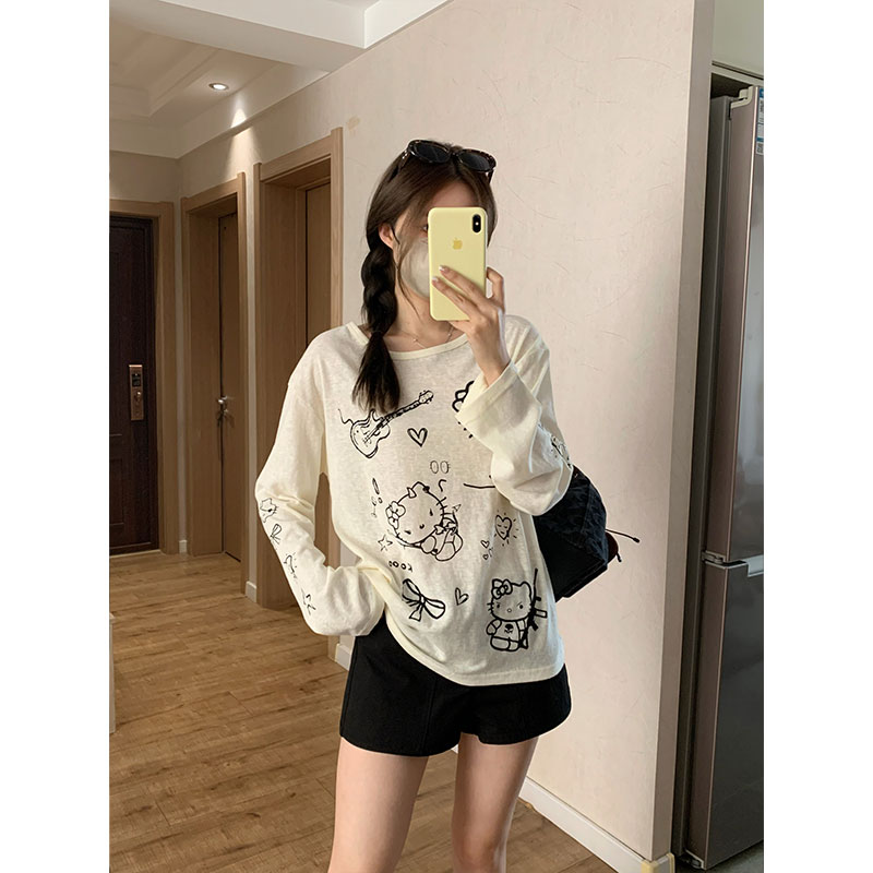 Morning collar [original fabric] slanted shoulder early autumn lazy cartoon print thin long-sleeved T-shirt women's loose top