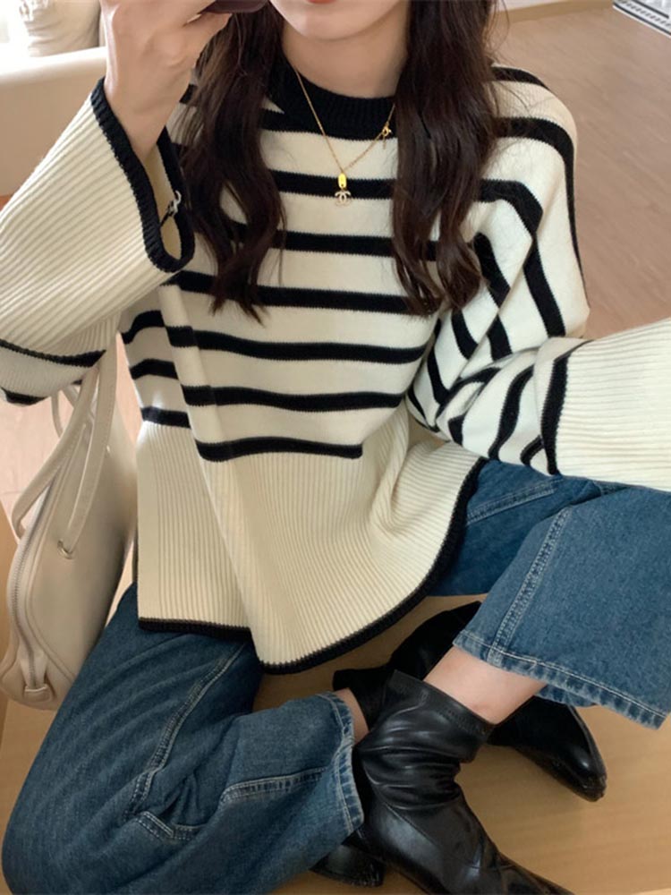 [Quality] Autumn and winter Korean retro striped sweater women's sweater loose slimming long-sleeved top