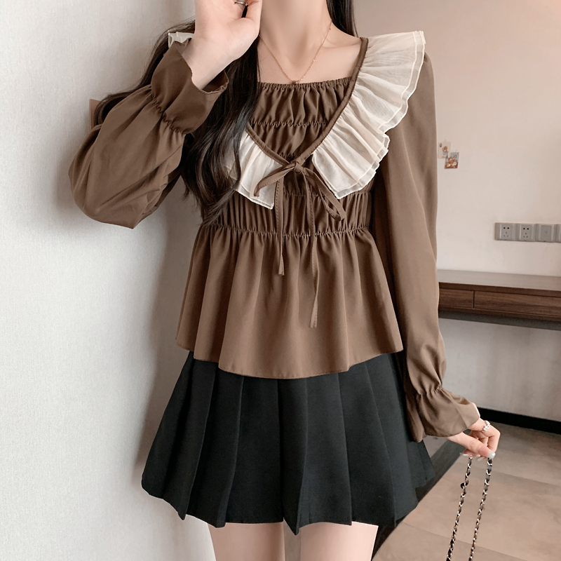 [Real shot] Plus size women's French ruffled long-sleeved shirt for women in autumn and winter to cover belly and look slimming, trendy tops