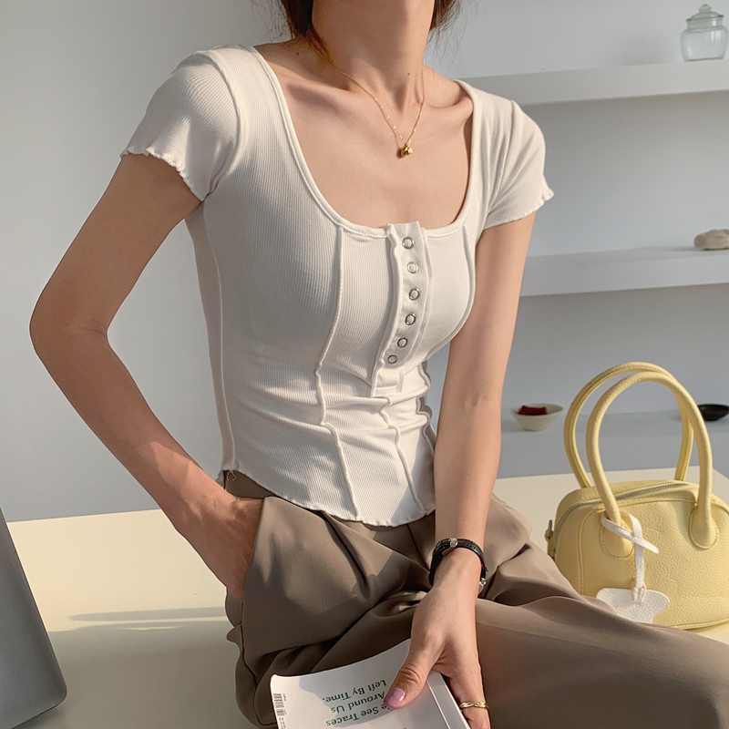 Pure lust style design square collar T-shirt for women in spring and summer, slim and versatile short-sleeved shirt, collarbone top