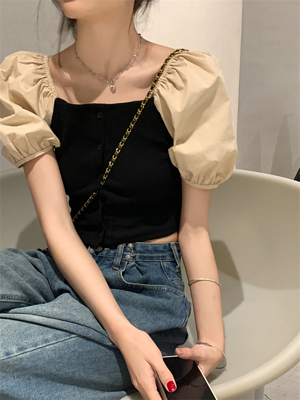 French retro square collar exposed collarbone sweet hot girl summer new slim design short-sleeved shirt short top for women