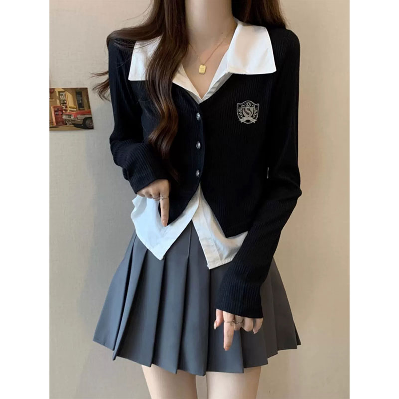 Fake two-piece college style Polo collar shirt top autumn new gray pleated skirt suit two-piece set for women