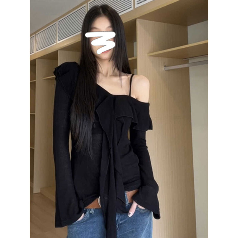 Morning collar [impulse style] Designed ruffled one-shoulder T-shirt for women in early autumn Korean style slim hottie off-shoulder top