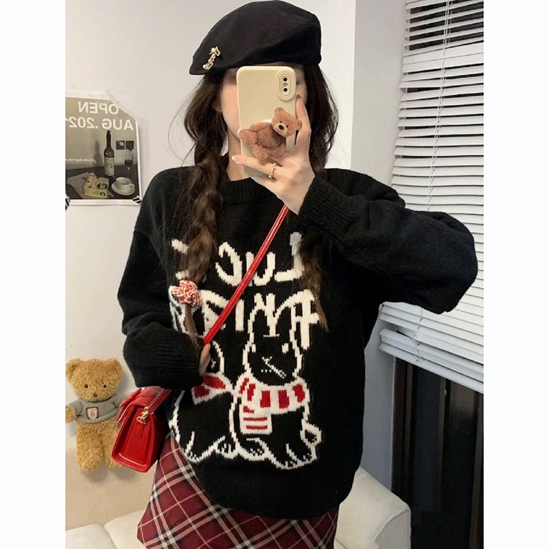 [Sheep Wool] Christmas and New Year Rabbit Red Sweater Women's Couple Loose Autumn and Winter Knitted Sweater Versatile Top