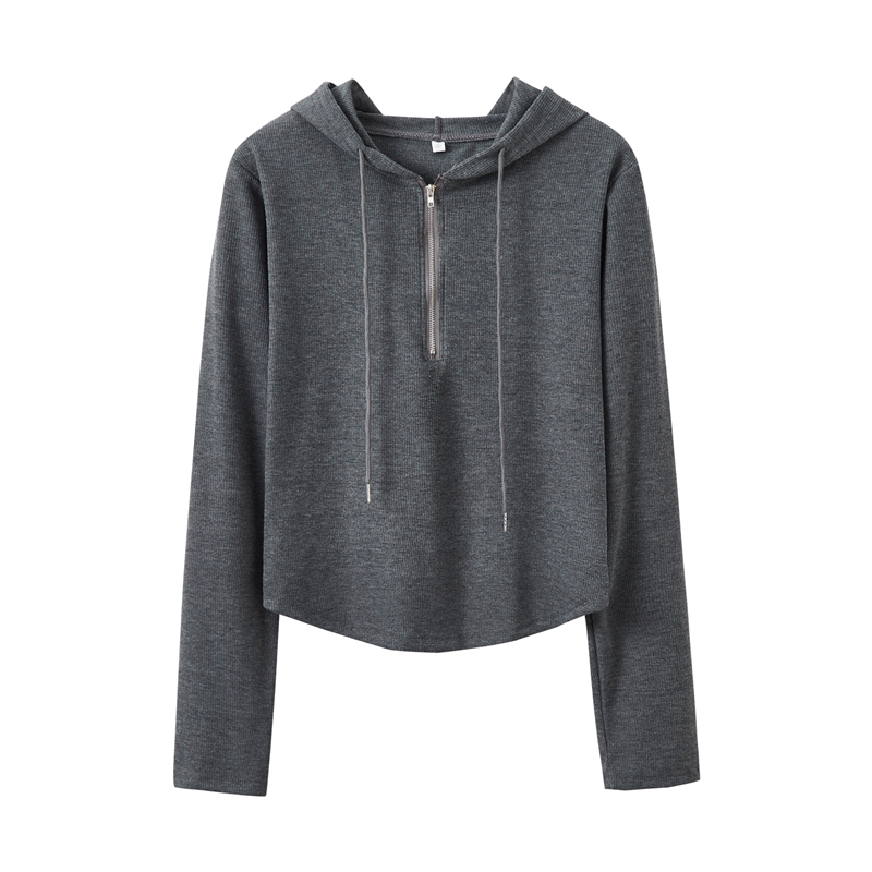 [Real shot] [3 colors] Spring and Autumn hooded outer T-shirt for women with fat pear-shaped hotties, western style niche zipper long-sleeved tops