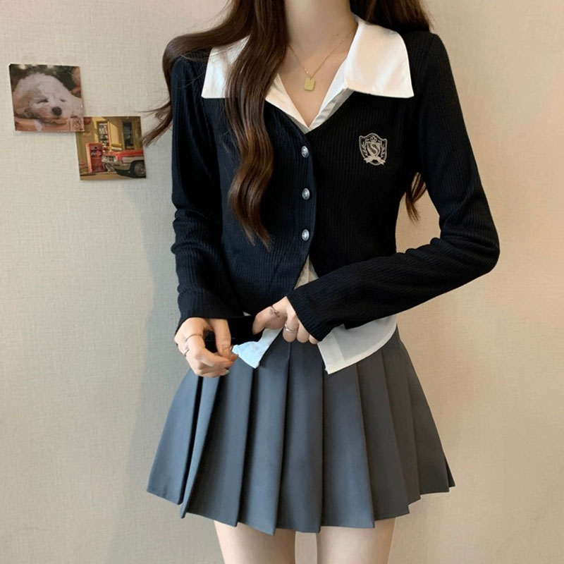 Fake two-piece college style Polo collar shirt top autumn new gray pleated skirt suit two-piece set for women