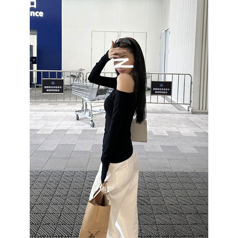 [Original quality] Pure desire hottie slimming off-shoulder long-sleeved top women's early autumn niche versatile bottoming shirt