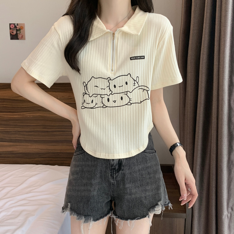 [] Large size polo shirt slightly fat right shoulder T-shirt for women with summer fat mm design short belly-covering slimming top