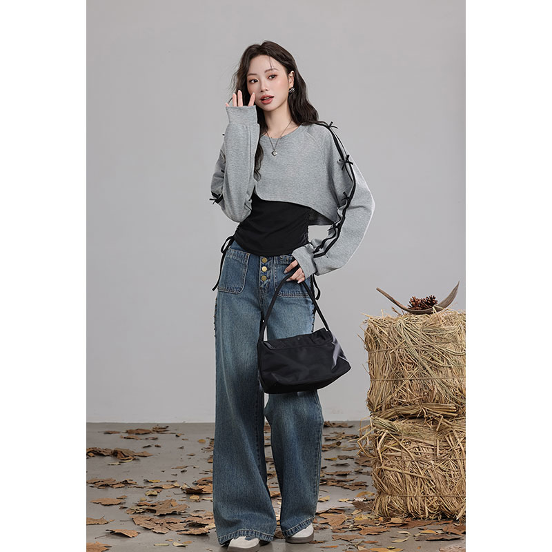 Morning collar [original quality] short long-sleeved sweatshirt for women, new autumn gray top with black slimming vest