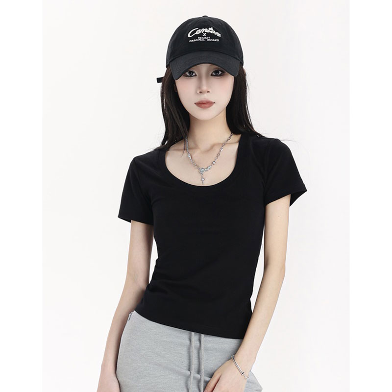 [Quality - original quality] Right shoulder short-sleeved T-shirt women's slim U-neck collarbone exposed short top for small people