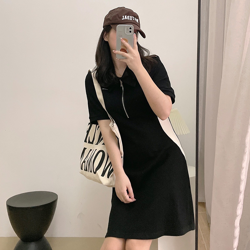 Large size polo collar dress for women summer short sleeve zipper fat mm slimming pure desire black a line hip skirt