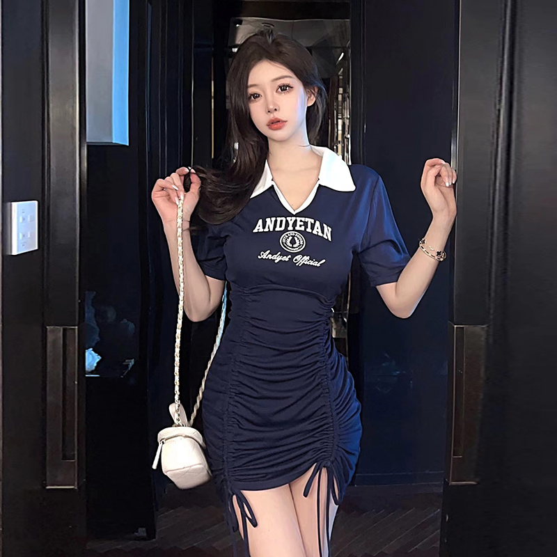 [Real Shot] American College Drawstring POLO Collar Dress Pleated Slim Women's New Original Quality Design