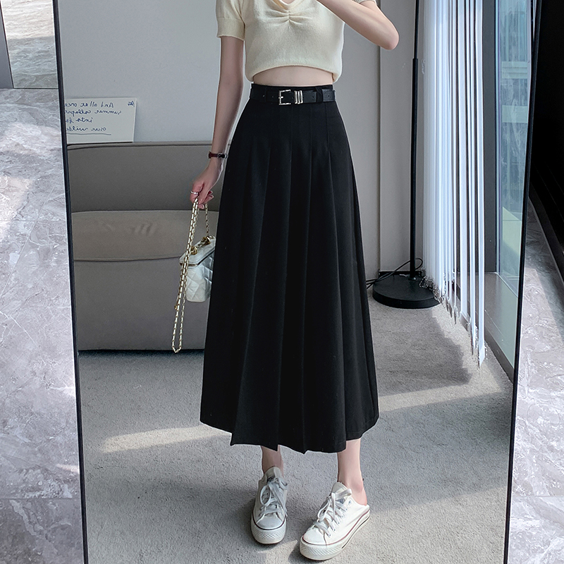 [Original fabric] Small mid-length pleated skirt for women in summer and autumn, high waist, slimming and drapey A-line long skirt