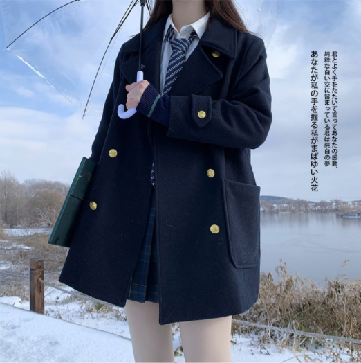 [With Perm] [Large Buttons] [360g] Winter Japanese College Style Woolen Jacket Women's JK Uniform Double-breasted Coat