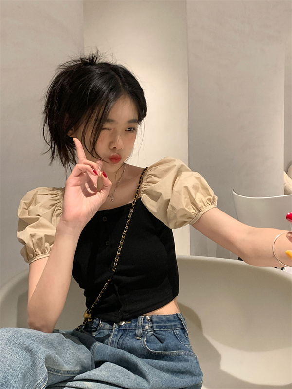 French retro square collar exposed collarbone sweet hot girl summer new slim design short-sleeved shirt short top for women