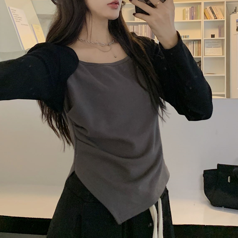 Irregular slit bottoming shirt for women in spring and autumn plus size niche versatile design long-sleeved T-shirt hot girl square neck top