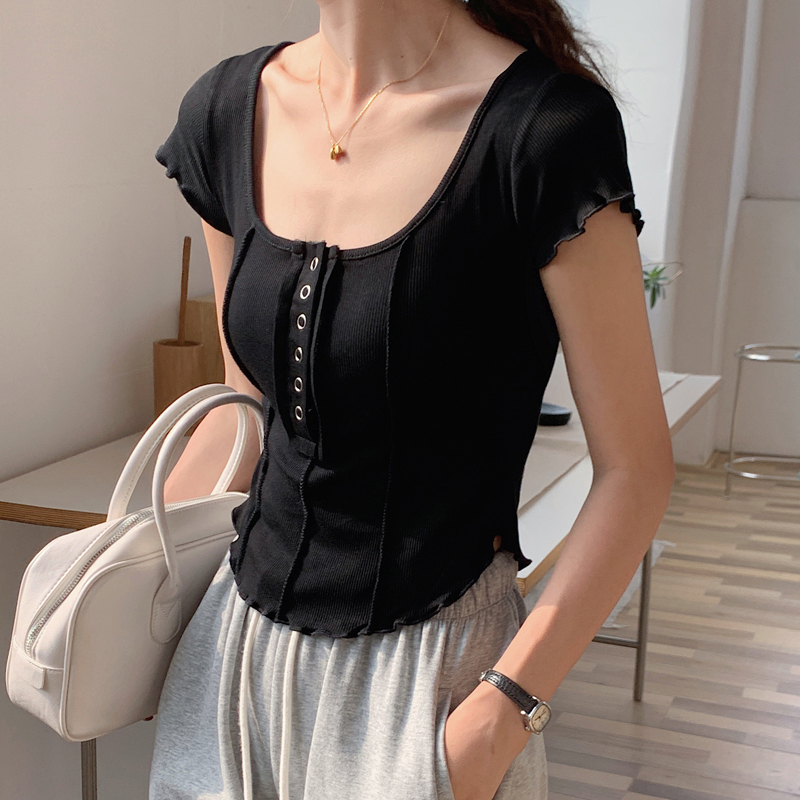 Pure lust style design square collar T-shirt for women in spring and summer, slim and versatile short-sleeved shirt, collarbone top