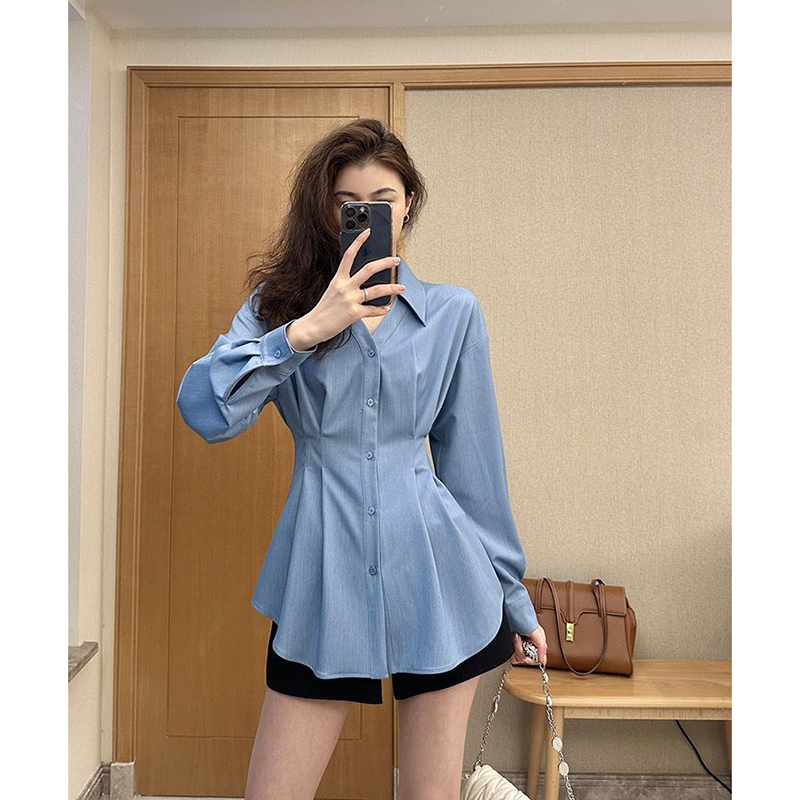 [3 Colors] [High Quality] Designed French Style Long Sleeve Shirt Women's Large Size Slim Waist Lapel Top