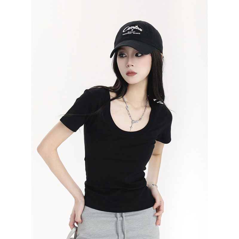 [Quality - original quality] Right shoulder short-sleeved T-shirt women's slim U-neck collarbone exposed short top for small people