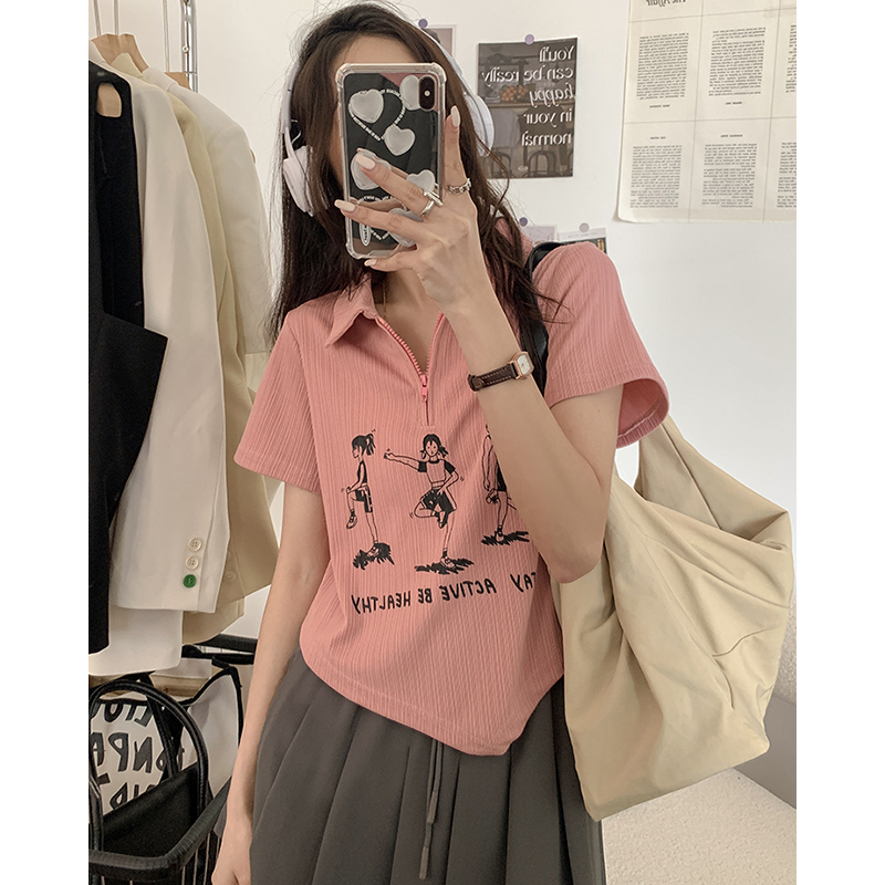 [] Printed irregular design polo collar textured short-sleeved T-shirt women's slim summer zipper top